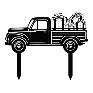 A laser-cut aluminum wall art piece depicting a vintage truck carrying wrapped presents. The truck features detailed wheels and cabin, with gifts stacked in the back. The raw metal finish gives it a rustic appearance, suitable for festive decorations.